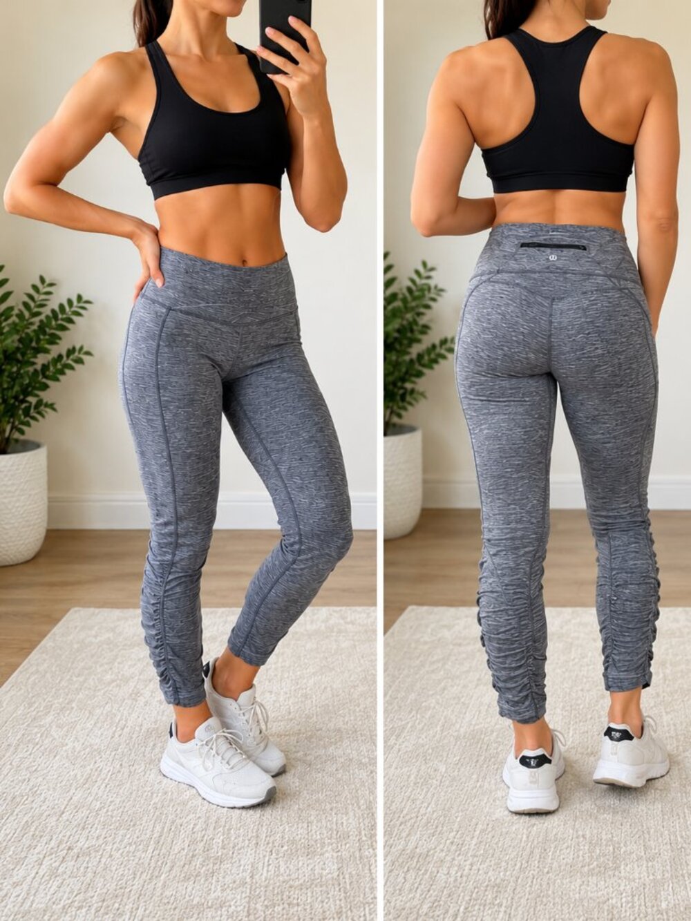 Lululemon Heathered Gray Ruched Crop Leggings Size 6 Yoga